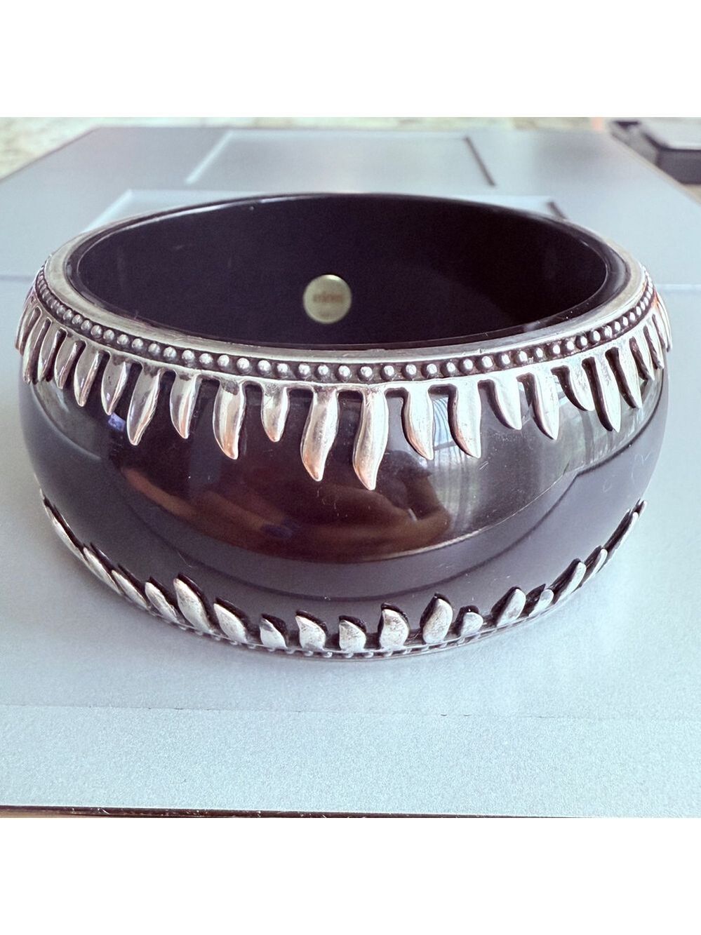 BIG Miriam Salat Mirim 34mm Black Resin Sterling Silver 925 Bangle Cuff Bracelet